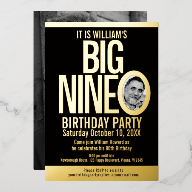 The Big Nine 0 90th Birthday graphic photo Foil Invitation (Front/Back)