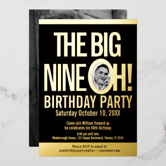 The Big Nine 0h! 90th Birthday graphic photo Foil Invitation (Front/Back)