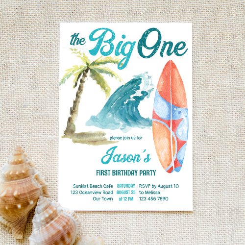 The big one 1st birthday surfing retro beach party invitation