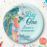 The big one 1st birthday surfing retro beach party paper plates<br><div class="desc">The big one 1st birthday surfing retro beach party personalized paper plates. A big blue wave,  palm tree and a surf board,  lovely summer,  beach birthday party theme.</div>