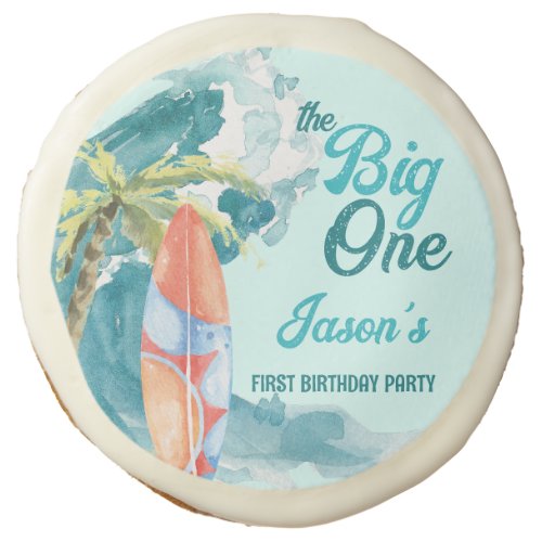 The big one 1st birthday surfing retro beach party sugar cookie