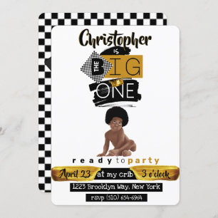 The BIG One Afro Hip Hop Baby Boy Retro Birthday Invitation