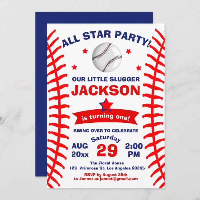 The Big One Baseball All Star Slugger Boy Birthday Invitation (Front/Back)