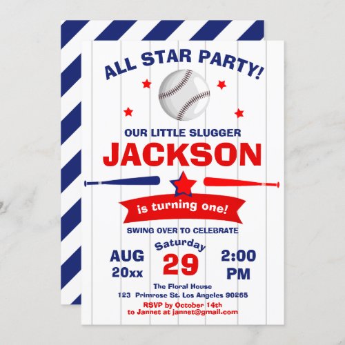 The Big One Baseball Boy Little Slugger Birthday Invitation