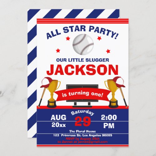 The Big One Baseball Little Slugger Boy Birthday Invitation