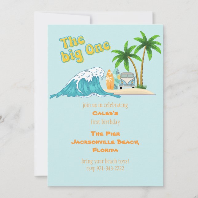 The Big One, Beach and surf birthday theme party Invitation (Front)