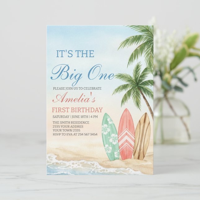 The Big One Beach Surf 1st Birthday Invitation (Standing Front)
