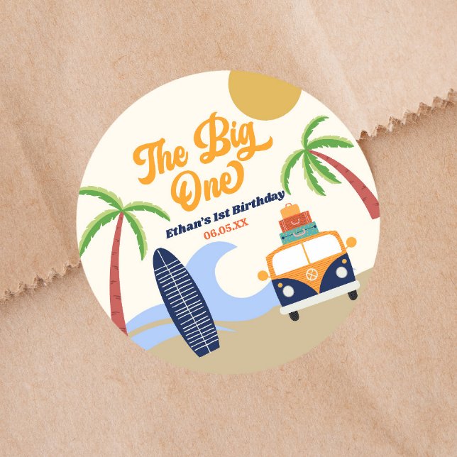 The Big One Beach Surf 1st Birthday Party Classic Round Sticker (Creator Uploaded)