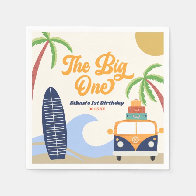 The Big One Beach Surf Blue 1st Birthday Party Napkins (Front)
