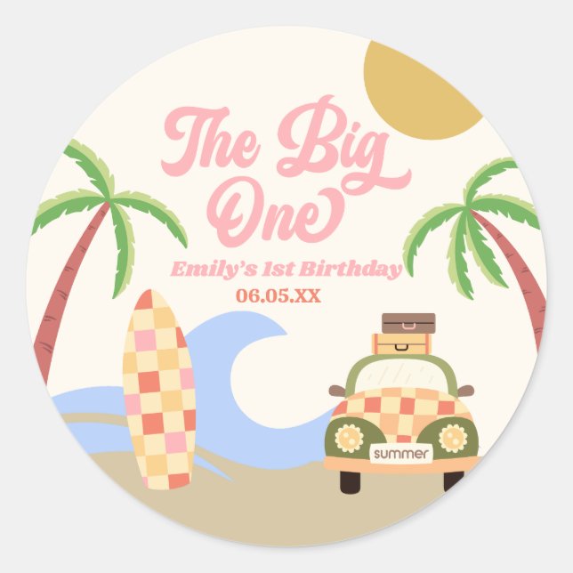 The Big One Beach Surf Pink 1st Birthday Party Classic Round Sticker (Front)