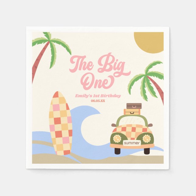 The Big One Beach Surf Pink 1st Birthday Party Napkins (Front)
