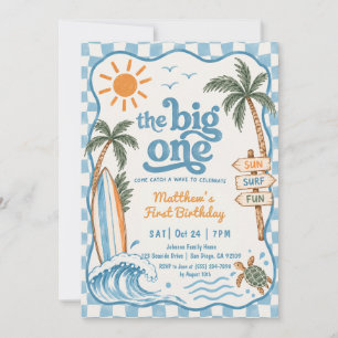 The Big One Blue Checkered Surf Boy 1st Birthday Invitation