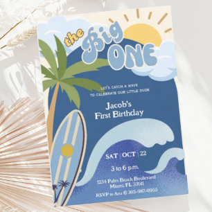 The Big One Blue Retro Surfing First Birthday  Invitation