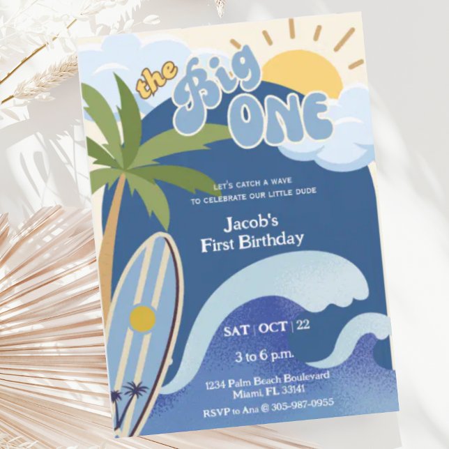 The Big One Blue Retro Surfing First Birthday  Invitation (Creator Uploaded)