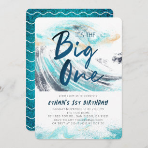 The Big One Blue Wave Splash Surfing 1st Birthday Invitation