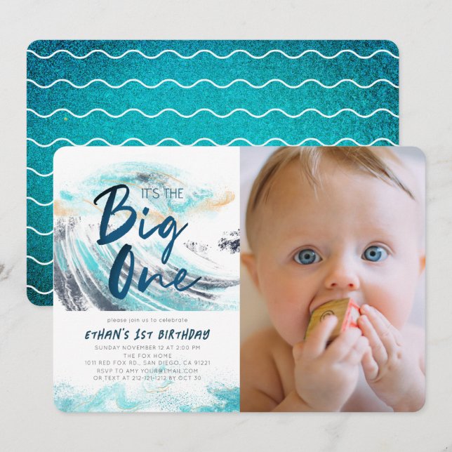 The Big One Blue Wave Surfing 1st Birthday Photo Invitation (Front/Back)