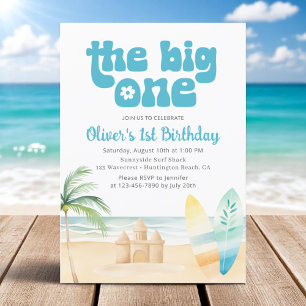 The Big One Boy's 1st Birthday Surfboard Beach Invitation