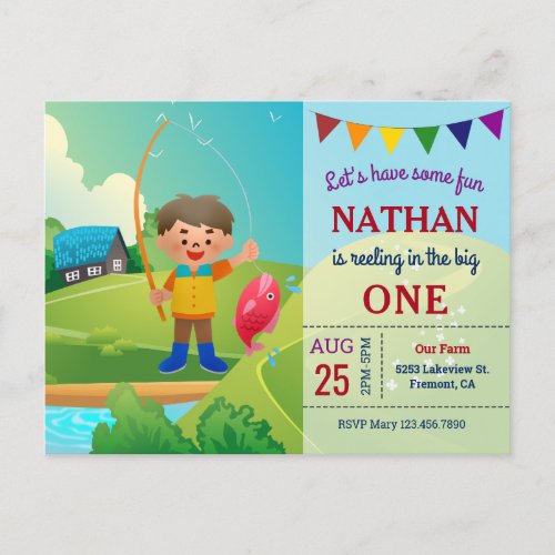 The Big One Boys Fishing 1st First Birthday Party Invitation Postcard