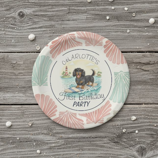 The Big One Dachshund Tropical  Surf Birthday Paper Plates (Celebrate your little one’s special day with this Tropical The Big One Surf Dachshund Birthday!)