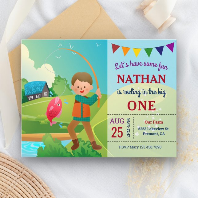 The Big One Fishing Theme Boys 1st Birthday Party Invitation Postcard (Creator Uploaded)