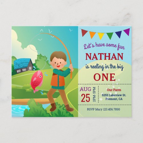 The Big One Fishing Theme Boys 1st Birthday Party Invitation Postcard