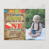 The Big One Fishing Theme Boys First Birthday Invitation Postcard