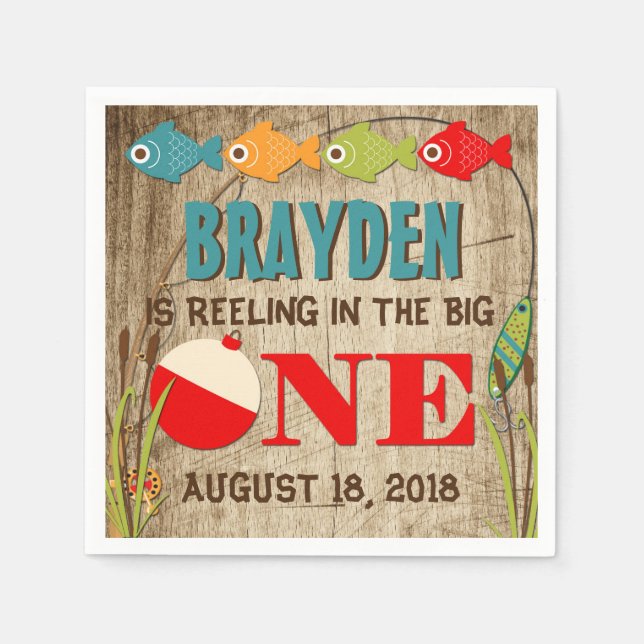 The Big One Fishing Theme Boys First Birthday Napkins (Front)