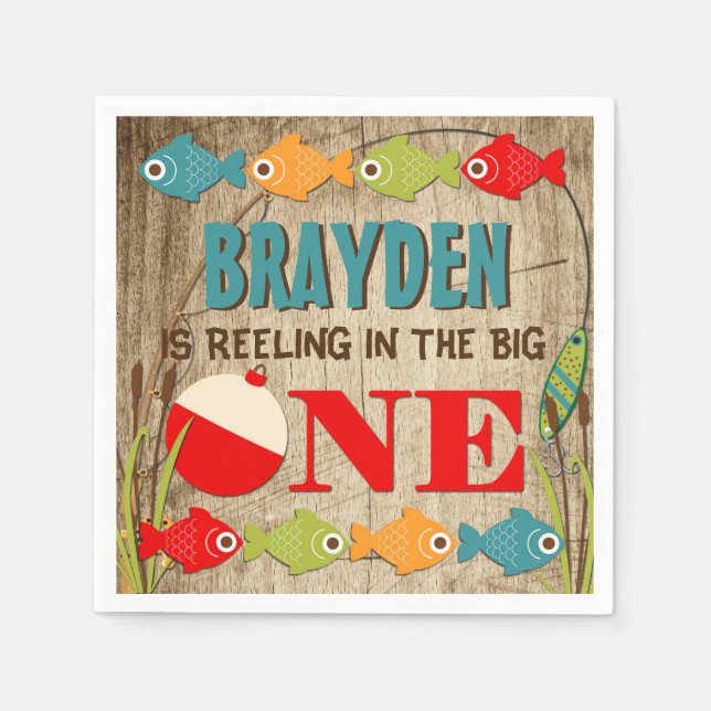 The Big One Fishing Theme Boys First Birthday Paper Napkins (Front)