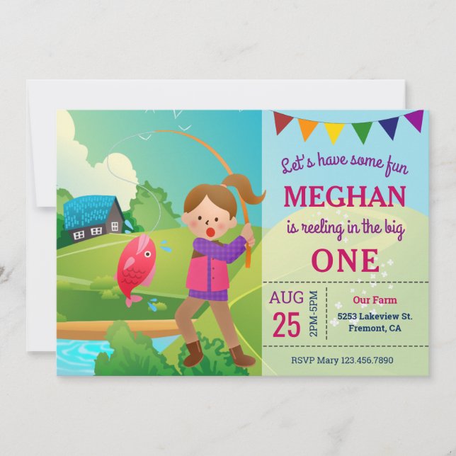 The Big One Fishing Theme Girls 1st Birthday Party Invitation (Front)