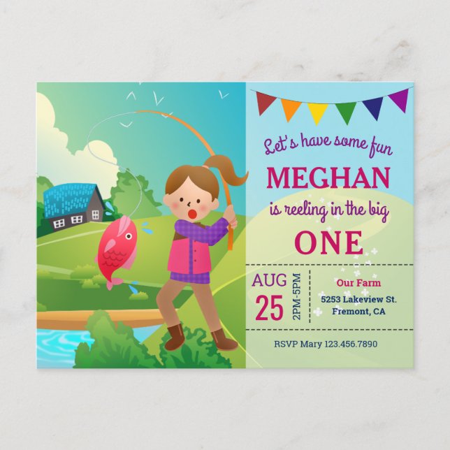 The Big One Fishing Theme Girls 1st Birthday Party Invitation Postcard (Front)