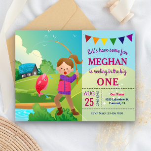 The Big One Fishing Theme Girls 1st Birthday Party Invitation Postcard