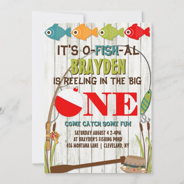 The Big One Fishing Theme Gray Boys First Birthday Invitation (Front)