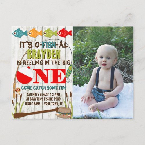 The Big One Fishing Theme Gray Boys First Birthday Invitation Postcard
