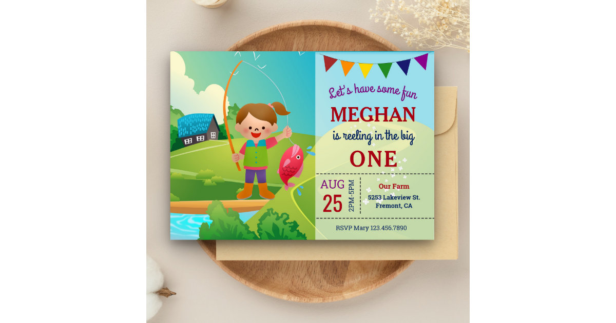 The Big One Girls Fishing 1st First Birthday Party Invitation | Zazzle