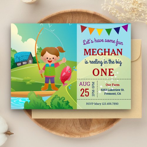 The Big One Girls Fishing 1st First Birthday Party Invitation