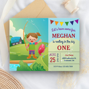 The Big One Girls Fishing 1st First Birthday Party Invitation Postcard