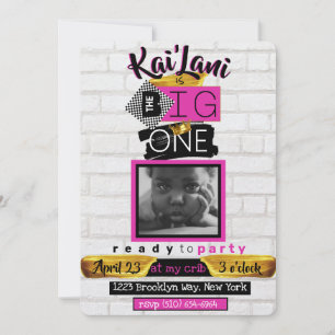 The BIG One  Hip Hop Retro 1st Birthday Photo Pink Invitation