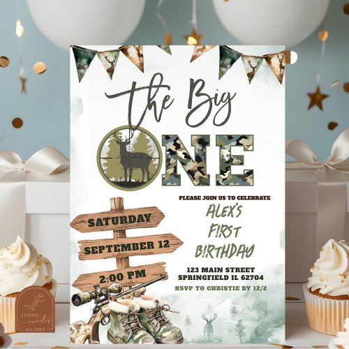 The Big One Hunting Camo 1st Birthday Invitation