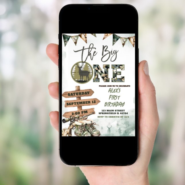 The Big One Hunting Camo 1st Birthday Invitation (Front Digital)