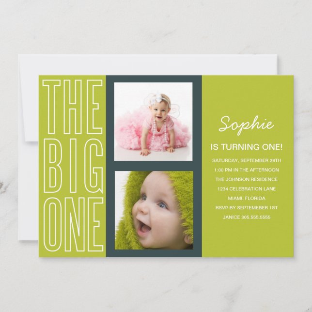 THE BIG ONE IN GREEN  | FIRST BIRTHDAY INVITATION (Front)