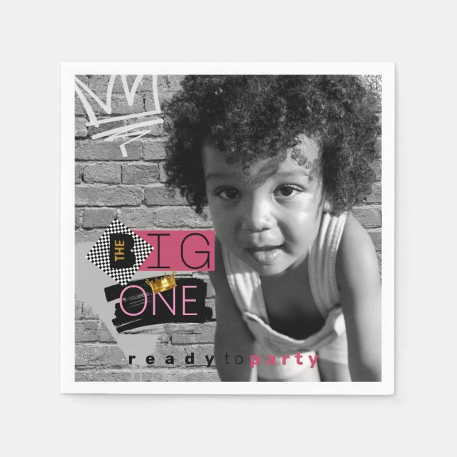 The BIG One| Pink 90's Hip Hop 1st Birthday Photo  Napkins (Front)