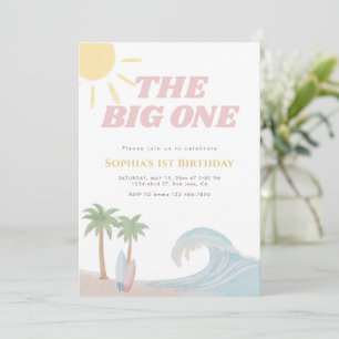 The Big One Pink Beach Surf Summer Coastal  Invitation