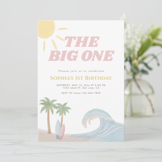 The Big One Pink Beach Surf Summer Coastal  Invitation (Standing Front)