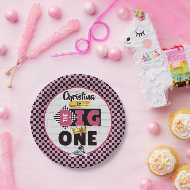The Big One| PINK Retro Hip Hop 1st Birthday Paper Plates (Party)