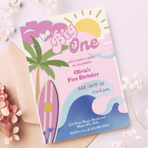 The Big One Pink Retro Surfing First Birthday  Invitation