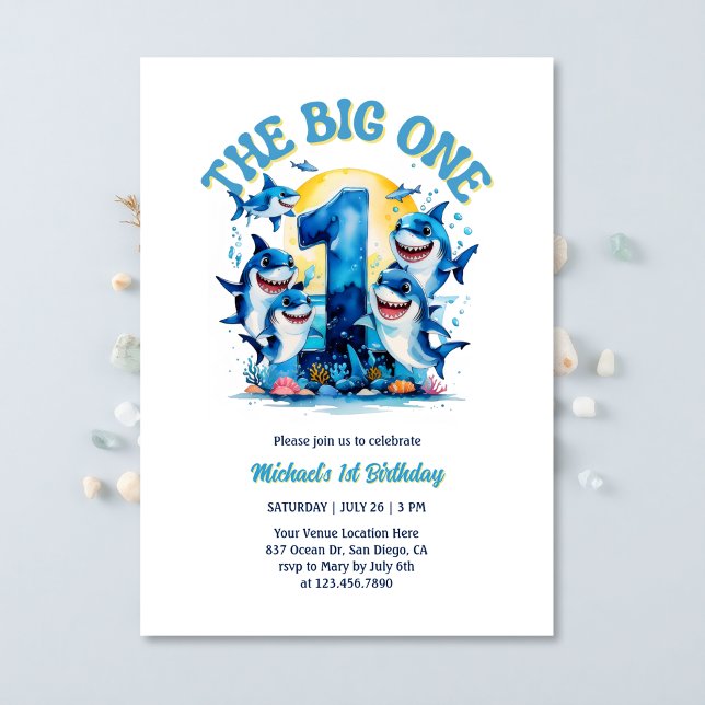 The Big One Shark Theme Under the Sea 1st Birthday Invitation (The Big ONE First Birthday Invitation – Shark Theme Under the Sea Party Invitation)