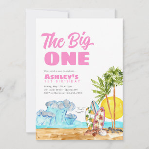 The Big One Surf Waves Hot Pink Beach 1st Birthday Invitation