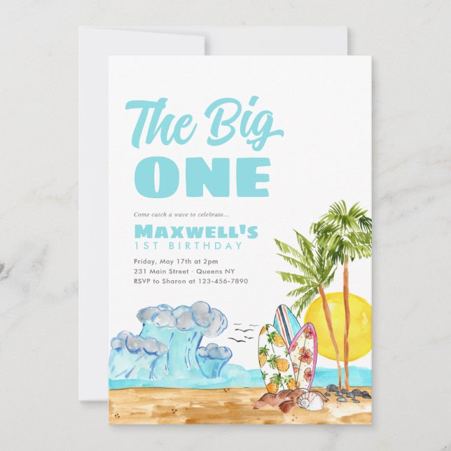 The Big One Surf Waves Tropical Beach 1st Birthday Invitation (Front)