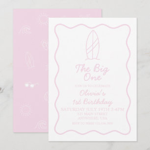 The Big One Surfboard and beach doodles Birthday Invitation