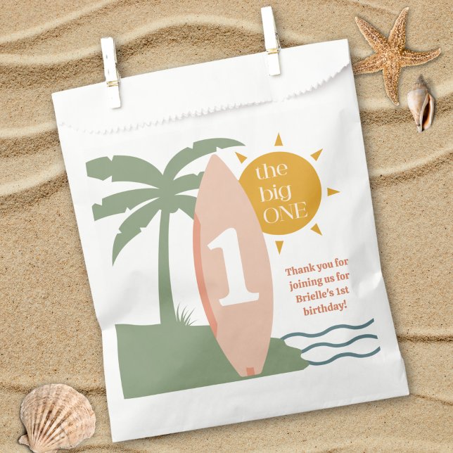 "The big ONE" Surfboard Ocean First Birthday Party Favor Bag ("the big one" surfboard surfing first birthday party favor bag custom girls 1st bday beach ocean )